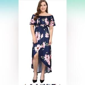 Amzplus Blue w/ Pink Florals Faux Wrap Maxi Dress Women’s Size XL